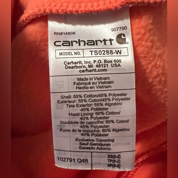 Women's/Unisex Carhartt Relaxed Fit XS Orange/White Hoodie Pullover NWOT - Picture 5 of 5